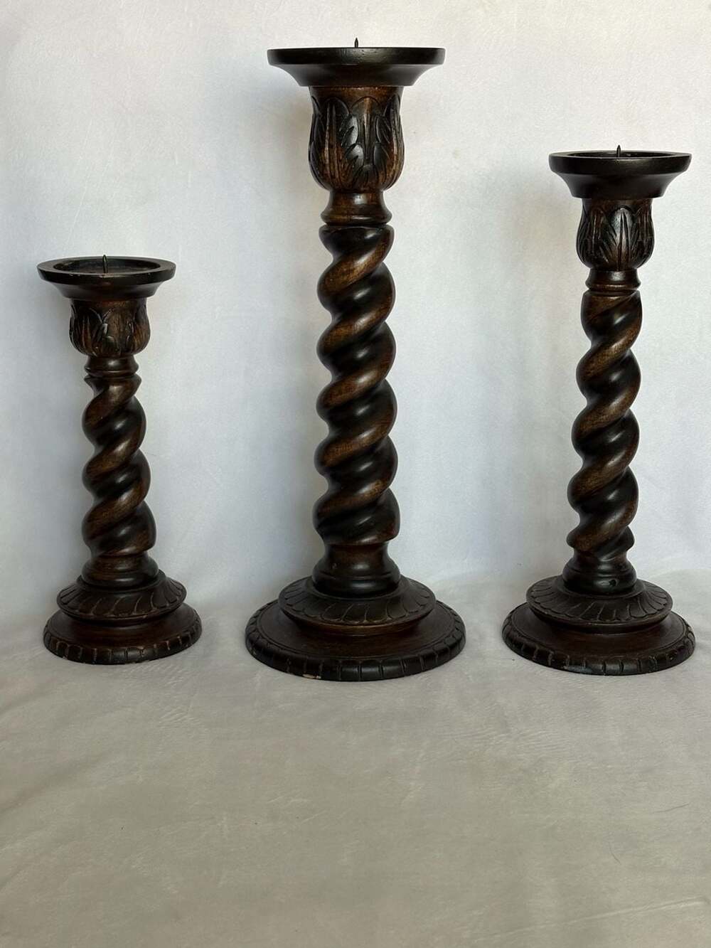 Set of 3 Barley Twist Carved Wood Pillar Candle Holders